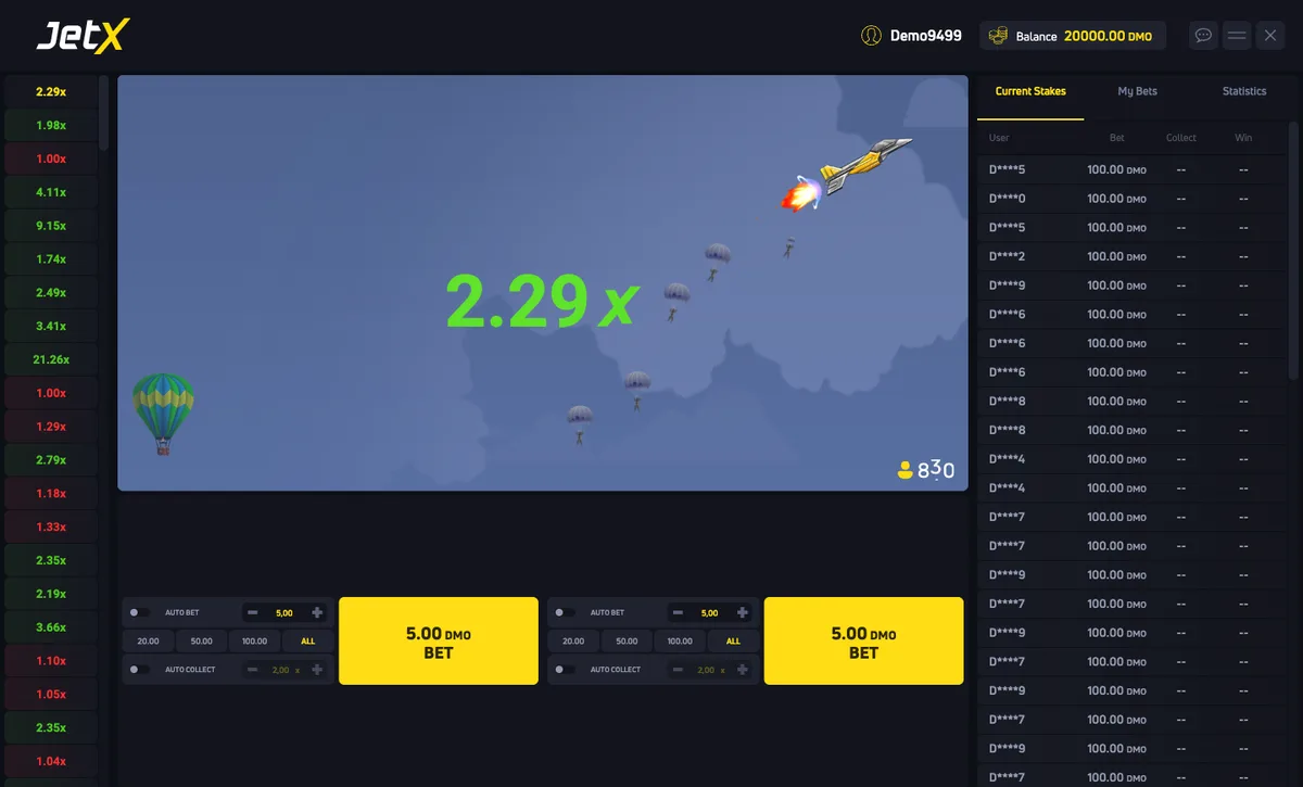 JetX demo screenshot: Game interface showing the round and controls